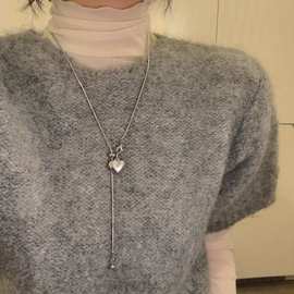 韩系银色爱心抽拉流苏毛衣链简约精致项链女小众设计感颈链锁骨链