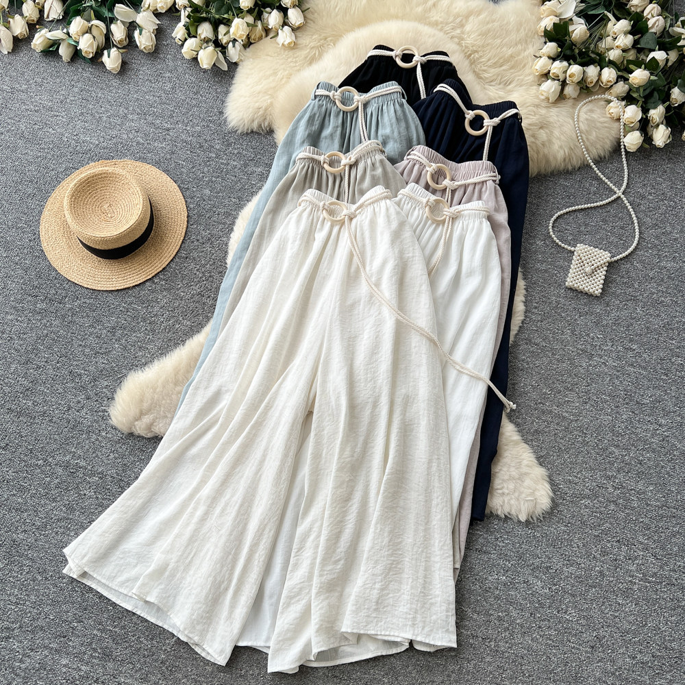 Women's High-Waisted Wide-Leg Trousers Tie Waist Retro Commuter Style Flowy Drapery Relaxed Fit Casual Pants_ecoleips.com