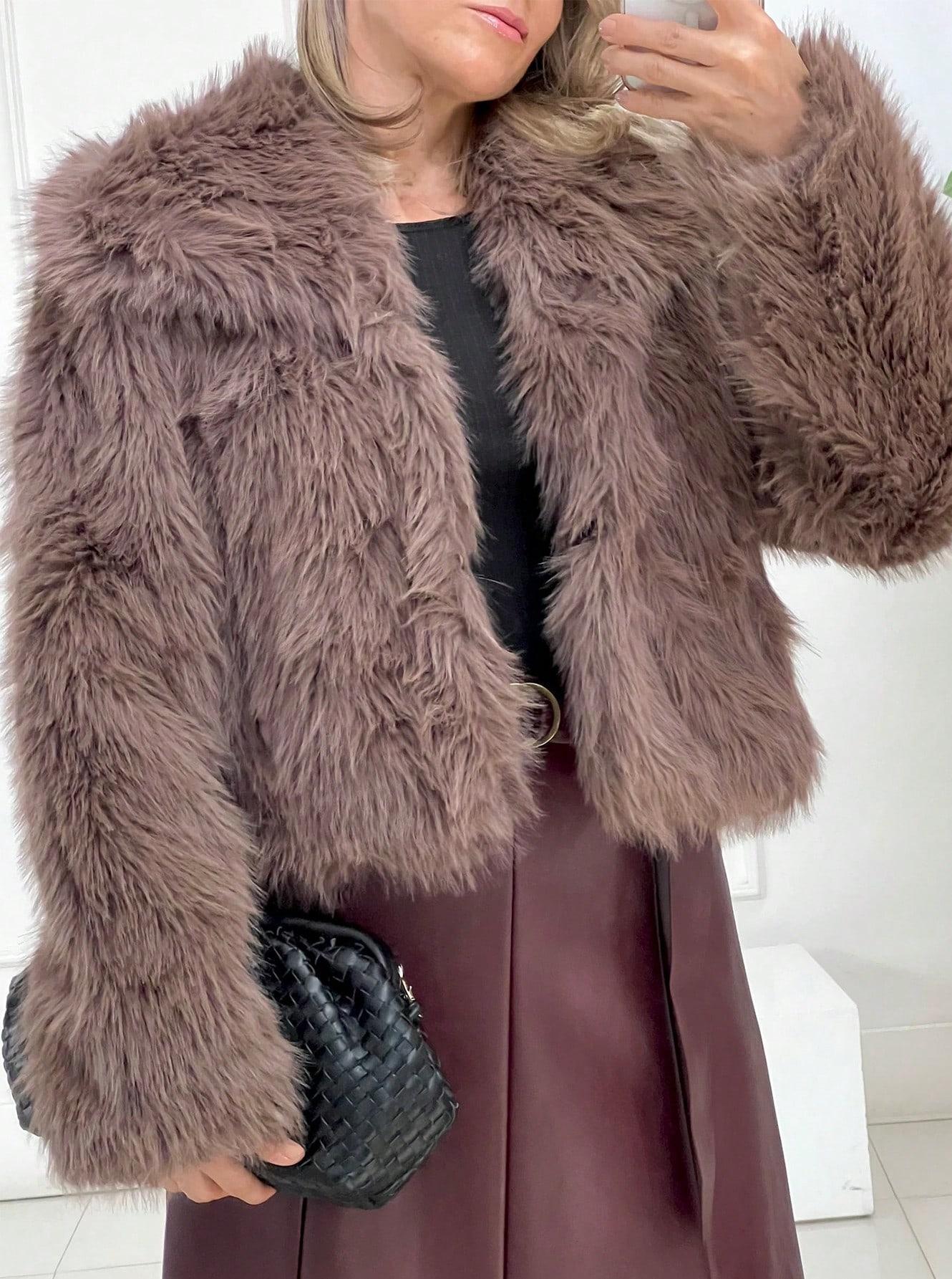 1743g Weight Faux Fur Coat Outerwear Type Long Sleeve Sleeve Length Polyester Fabric Type Regular Top Length Coat Tops Type Daily Occasion Turndown Neckline Loose Fit Type Solid Color Pattern Winter, Spring, Autumn Season Women's Gender Elegant Style Wine Red Color Women's Elegant Solid Color Coat Faux Fur Coat 17