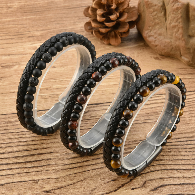 Cross-border jewelry in stock volcanic stone tiger eye natural beaded bracelet men's multi-layer leather rope bracelet stainless steel bracelet