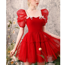 【妖治薔薇】2023新款紅色禮服裙泡泡袖蓬蓬網紗顯瘦連衣裙夏