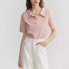 法式针织衫短袖t恤女夏季宽松显瘦Polo领上衣
