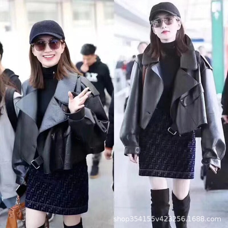 Jiang Shuying's Same Style Spring New Leather Jacket for Women, Short Coat, Faux Sheepskin, Loose Biker Jacket, Cross-Border