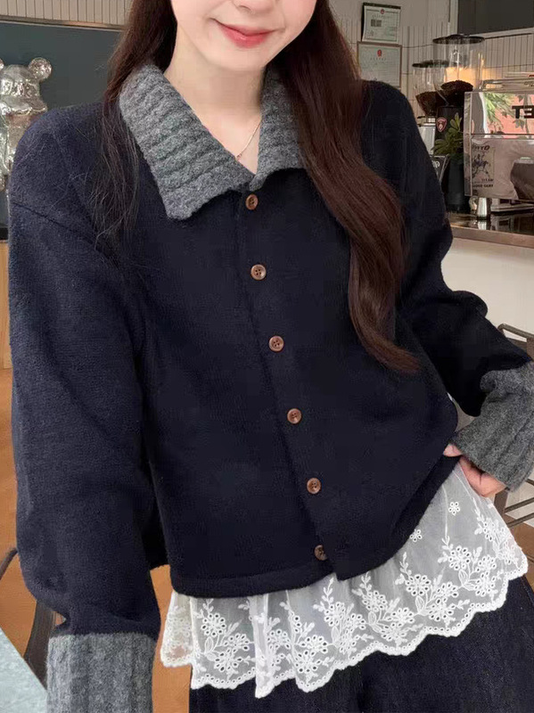 2025秋季韩版宽松慵懒松弛感女式毛衣新款条纹Polo领针织开衫外套|undefined