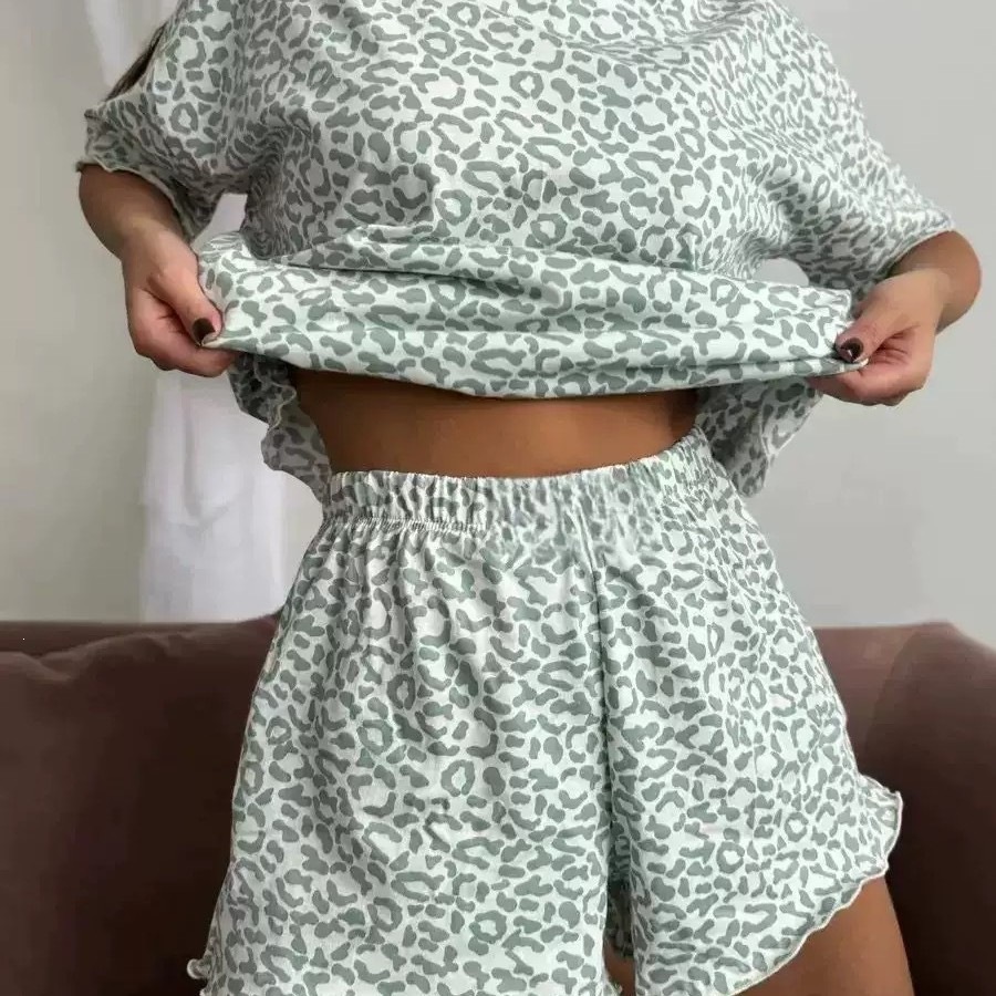 Leopard Print Set New in Stock Short-Sleeve Shorts Sexy Fashion Pajamas European and American Women's Russian Print Loungewear