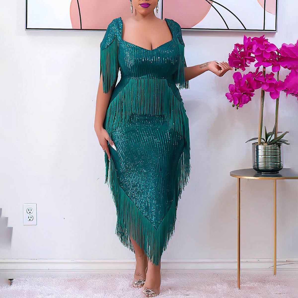 Elegant Women's Evening Dress With Sequins And Tassels For Party_voghion.com