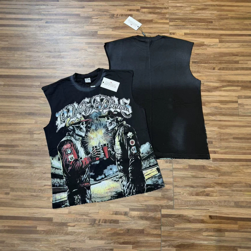 26Sss Cross-Border American-Style Valley Rock Streetwear Distressed Rhinestone Vintage Wash T-Shirt Vest