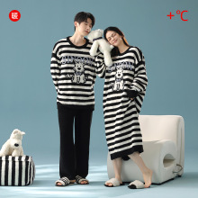 【半边绒】卡通条纹情侣睡衣睡裙秋冬款加厚保暖可外穿家居服套装