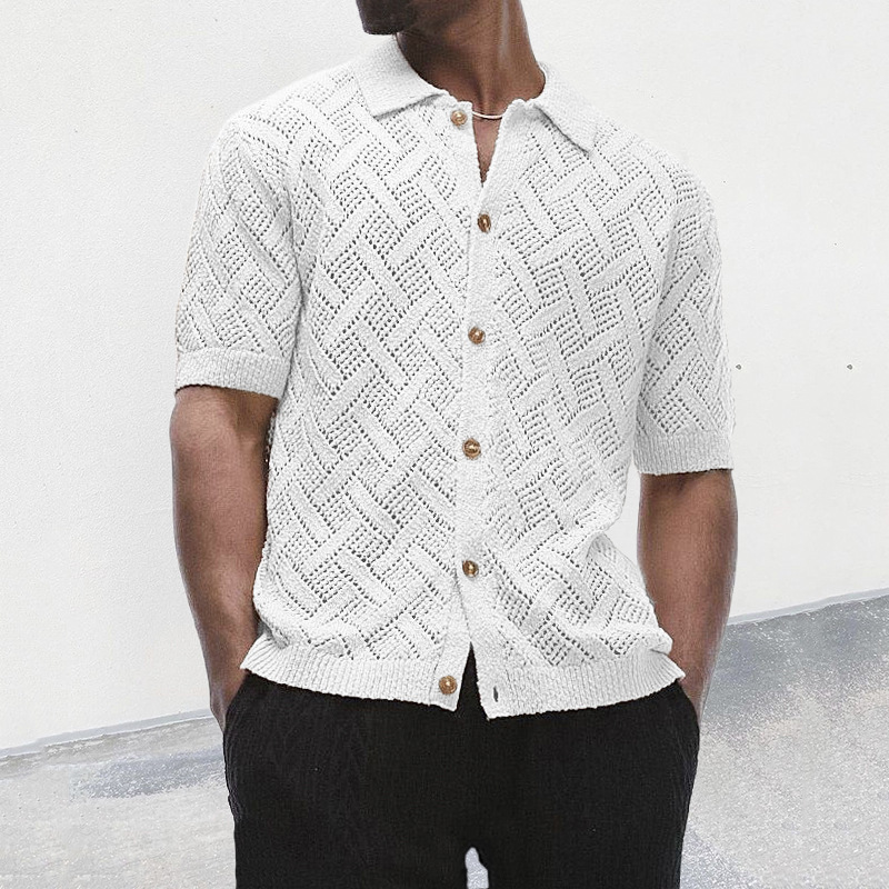Cross-Border European and American Summer Knitwear Men's Polo Collar Short-Sleeved Cut Out Cardigan 2025 New Amazon Muscle Men's Clothing Cross-Border European and American Summer Knitwear Men's Polo Collar Short-Sleeved Cut Out Cardigan 2025 New Amazon Muscle Men's Clothing