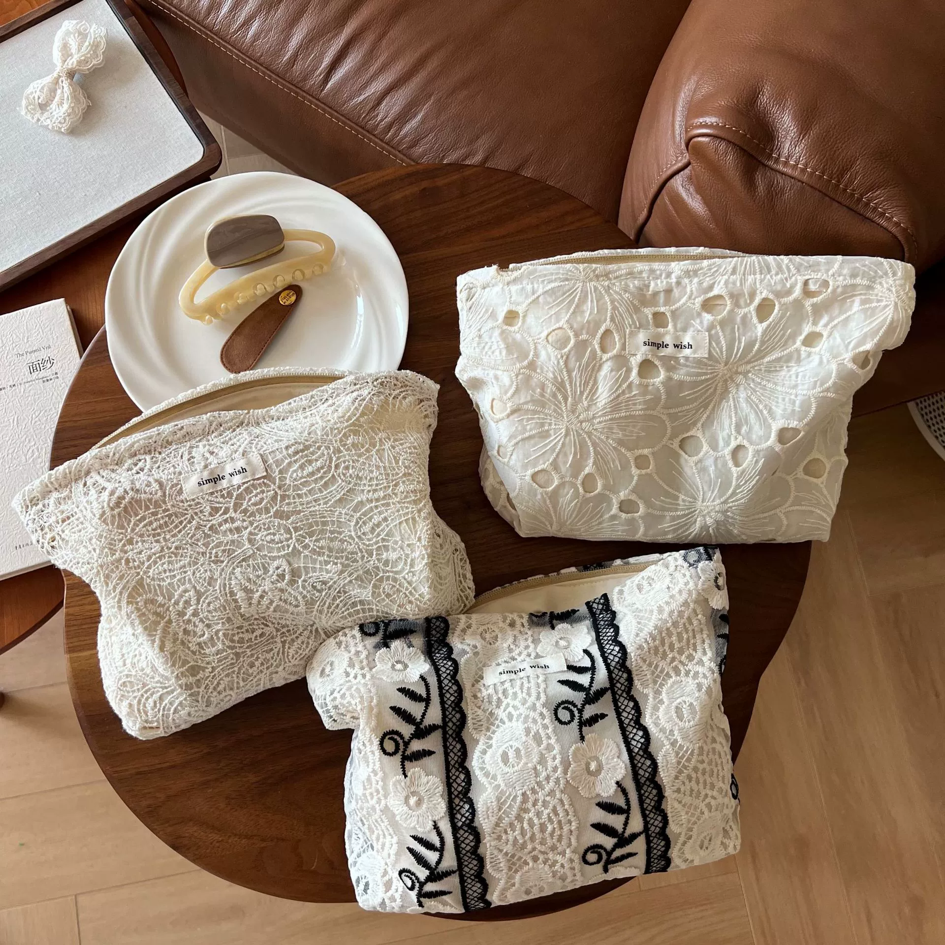 [Suxi тканевая сумка] французская простая литературная бежевая кружевная сетчатая косметичка с вышивкой, женская сумка, косметичка