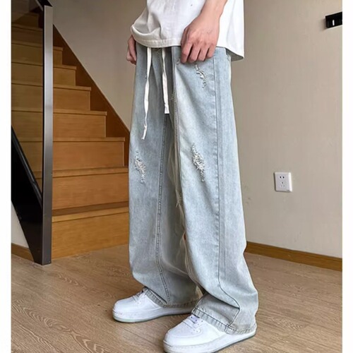 Washed-out denim jeans with an American streetwear vibe, cool and rebellious pants, autumn trendy brand, versatile and loose straight-leg 9/10 pants
