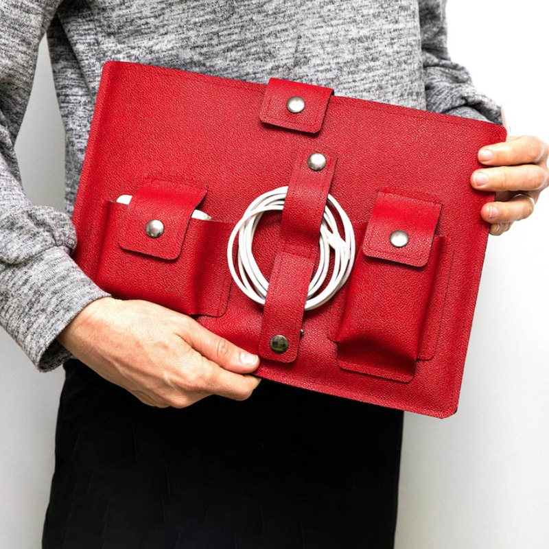 Cross-Border Pu Leather Laptop Carrying Case with Mouse and Charger Compartment Mouse Power Cord Bag