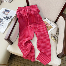 红色复古格子裤女夏季新款薄款宽松显瘦高腰垂感阔腿裤网红新款潮