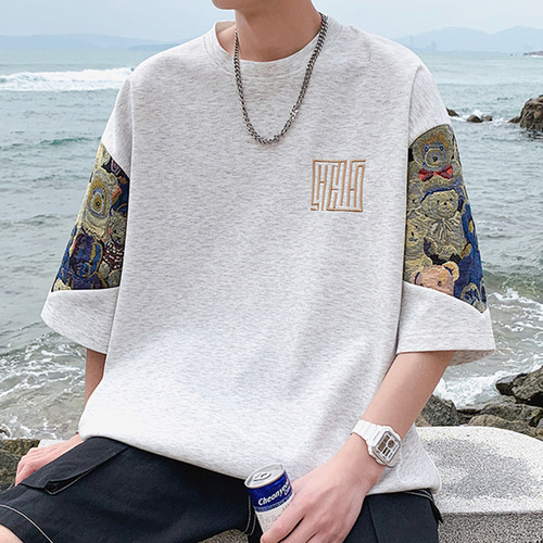 Men's Streetwear High-End Splicing Short Sleeve T-Shirt with Design, Korean Style Loose Half-Sleeve T-Shirt, Summer New Arrival Versatile T-Shirt