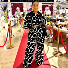 2025欧美大码女装印花宽松洋气短款衬衣女非洲洋气新款长裤两件套