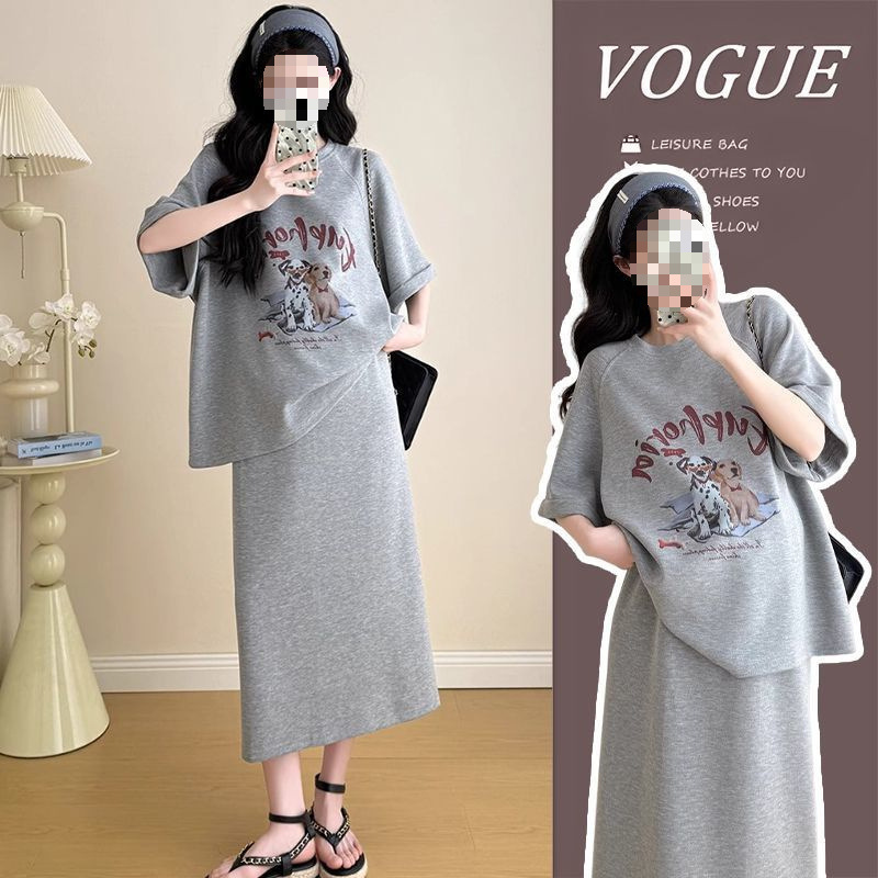Maternity Wear, Summer and Korean Style Fashionable Loose Belly-Covering Short-Sleeved Tops, Casual Outer Wear, Belly-Supporting Skirts, a Complete Set for Hot Moms