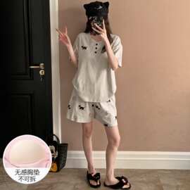 纯棉睡衣女士夏季短袖大带胸垫薄纯棉带胸垫全棉可外穿家居服套装