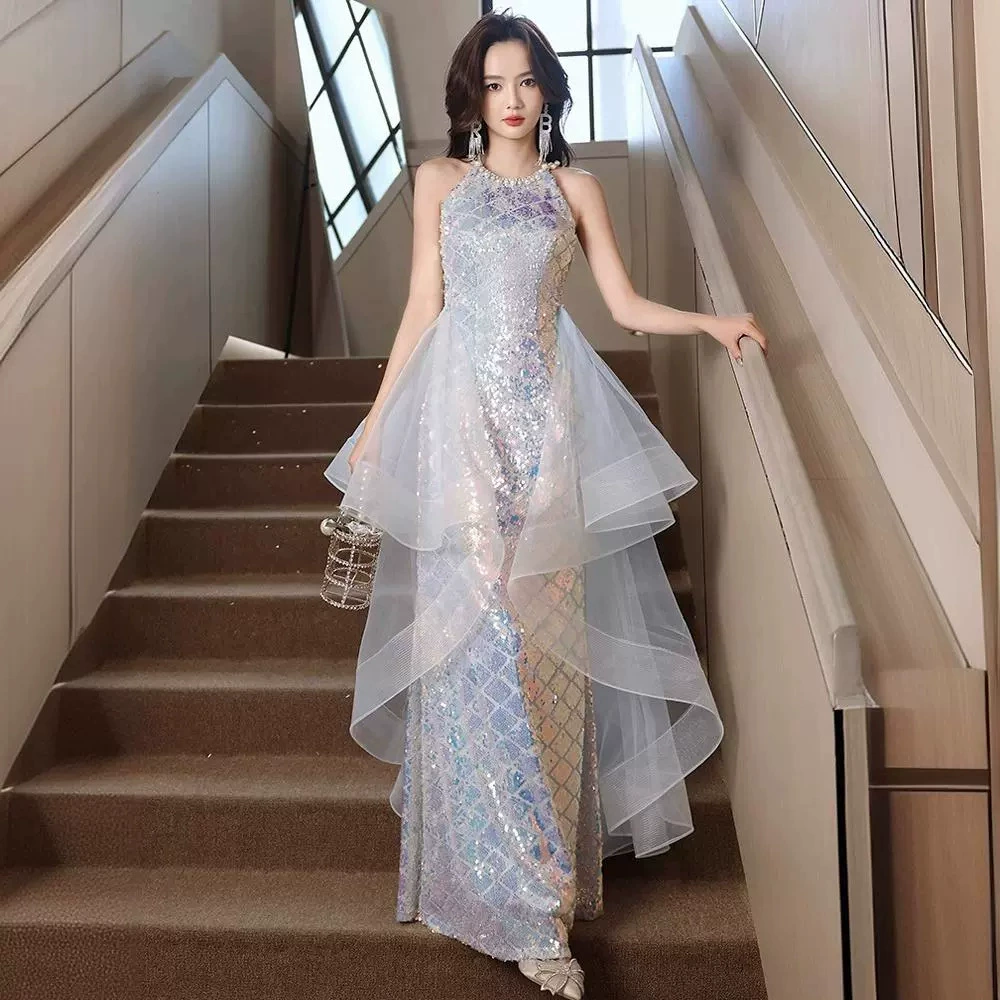 Вечернее платье для женщин 2025: новая коллекция, легкий люкс, нишевое, элегантное, приталенное, длинное, с вырезом халтер, для торжественных мероприятий и выступлений, для ведущих