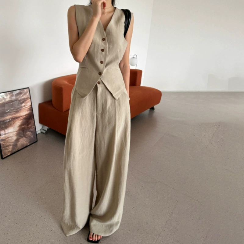 Ранний летний жилет во французском стиле с завязками на талии + простые повседневные широкие брюки с высокой талией, модный женский костюм