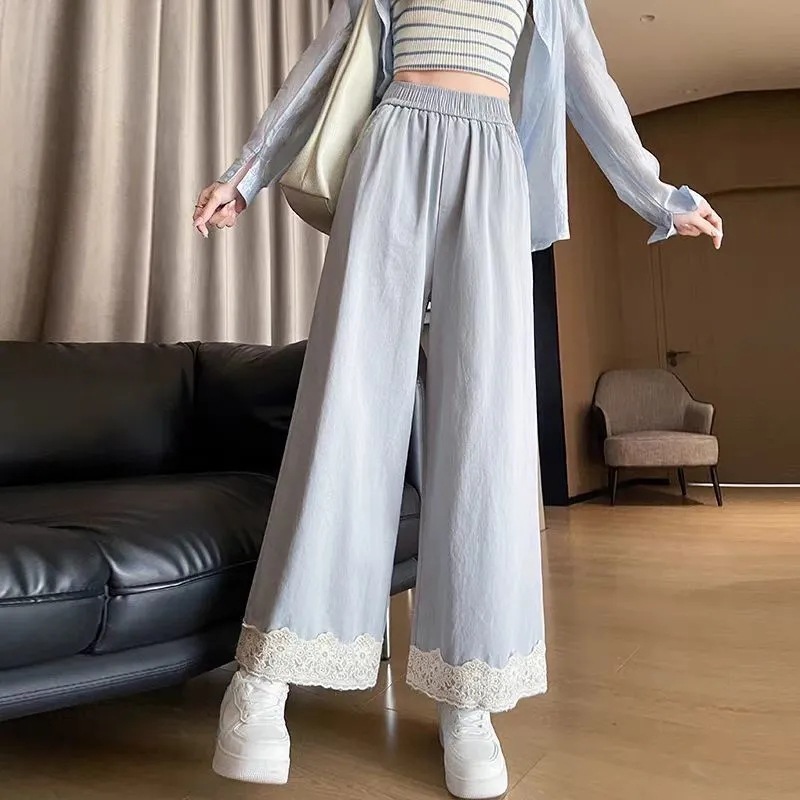 Lace 2025 Lace Stitching Wide-leg Pants Women's Spring and Summer New High Waist Straight Loose Casual Pants Nine-point Fashion