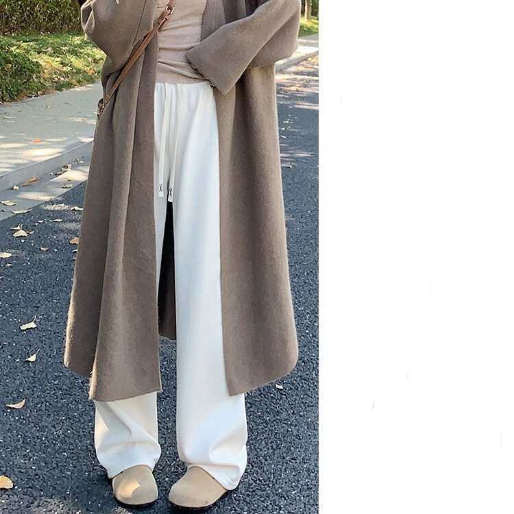 Autumn and Winter creamy-white fleece-lined narrow wide-leg pants women's high waist draping thickened warm corduroy casual straight pants