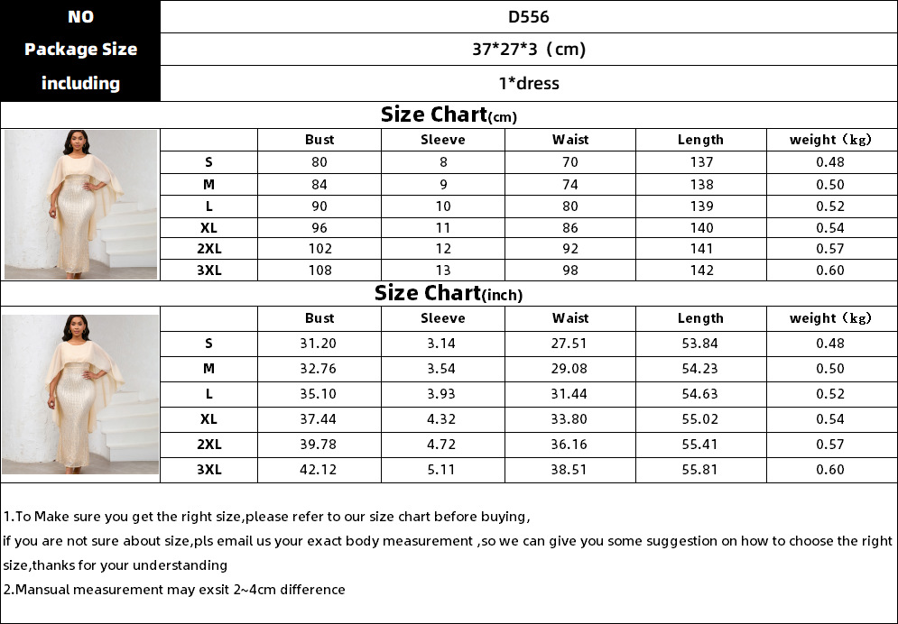 Women's Spring New Fashion Chiffon Cloak Sequins Buttocks Long Dress Banquet Party Dress_ecoleips.com