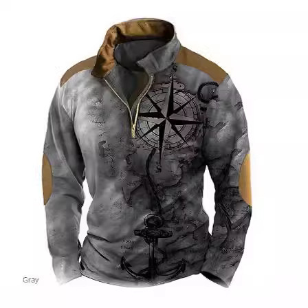 European and American Long-Sleeved Ethnic-Style 3D Printed Half-Zip Men's Polo Shirt