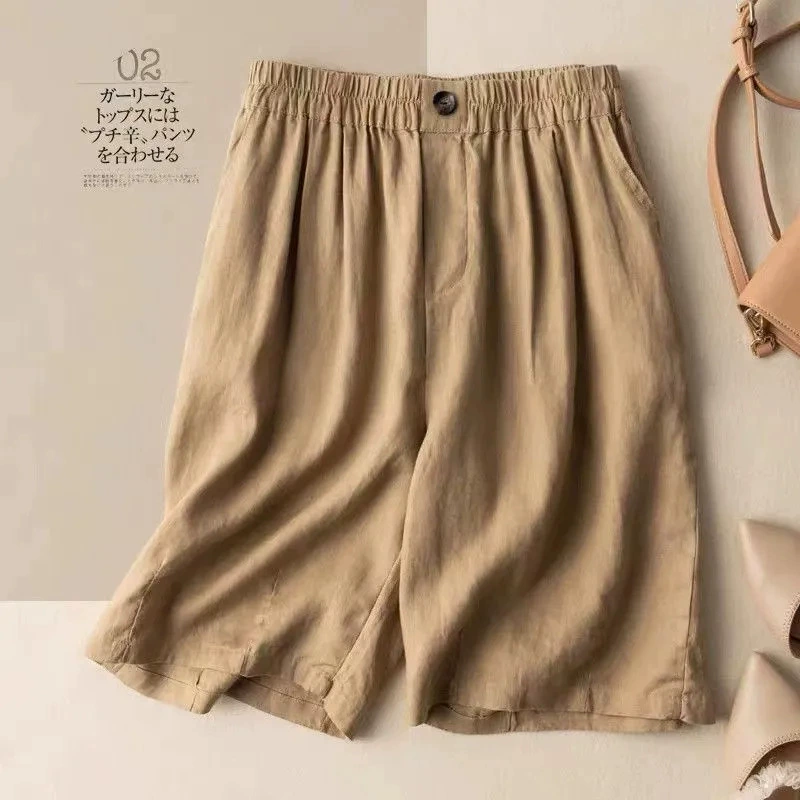 Брюки из хлопка и льна, женские шорты, брюки пять четвертей, лето 2025, новый стиль, широкие брюки в литературном стиле ретро, ​​свободные модные повседневные брюки