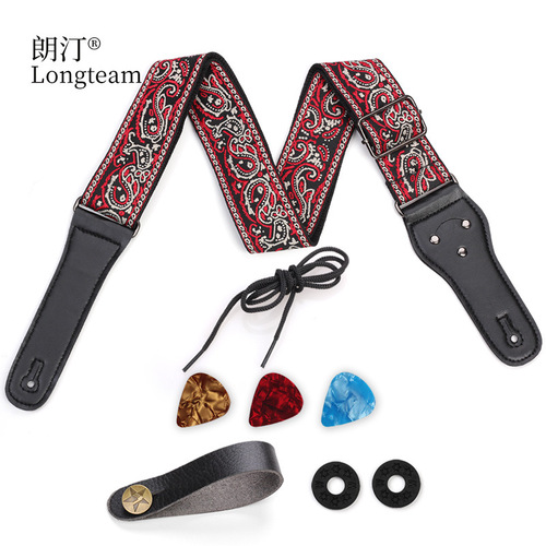 Embroidered guitar strap set folk acoustic guitar shoulder strap bass electric guitar strap including strap tail pin anti-slip buckle
