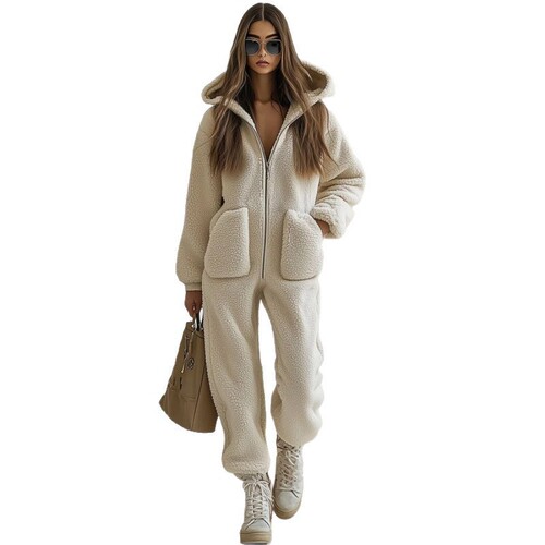 European and American autumn and winter new women's clothing hooded pockets decorative loose straight plush jumpsuit pants