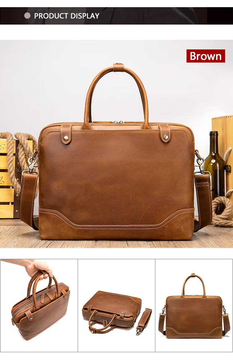 Túi đeo chéo da thật phong cách retro châu Âu, đựng laptop 14 inch, cặp xách tay công sở — Cà phê 7375, 7375 cà phê đen chi tiết 6