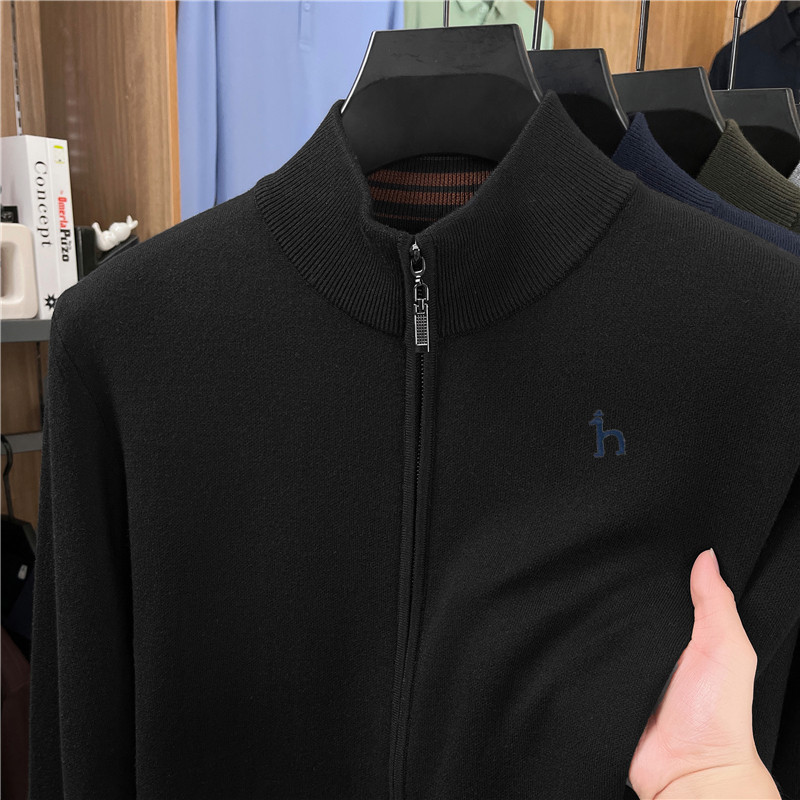Áo len cardigan nam Haggis 100% len dày dặn có khóa kéo dệt kim cổ đứng — màu đen