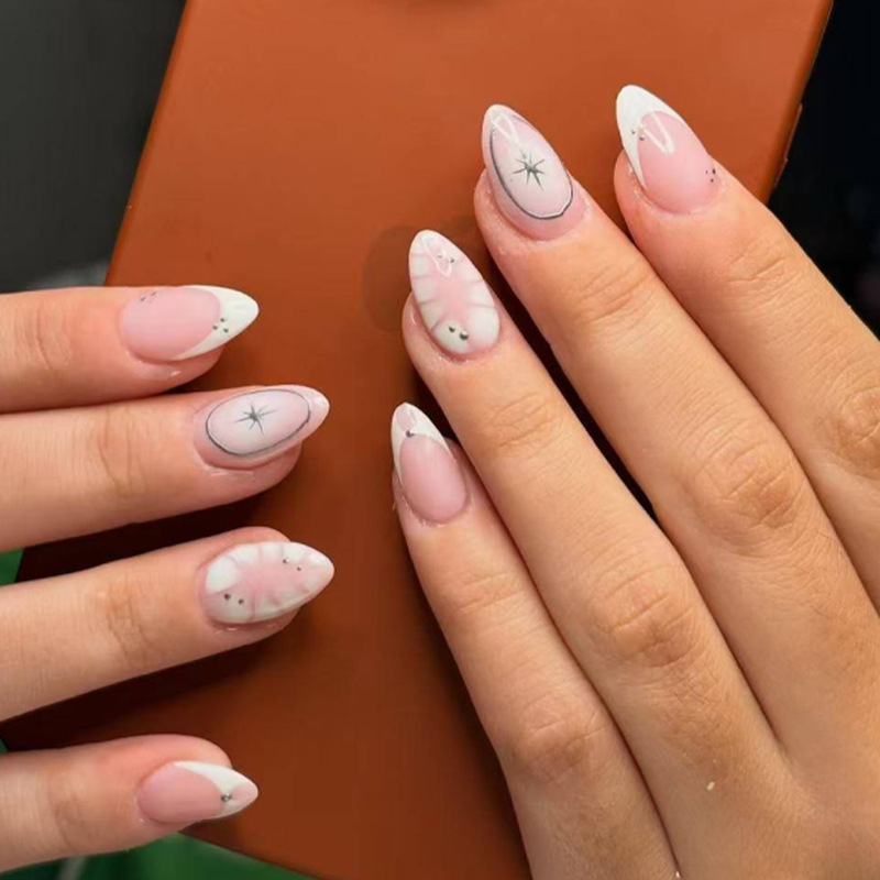 Premium Wholesale 24-Piece French White Edge Cute Almond Nails Manicure Nail Tips Starburst Silver Ring Nail Stickers