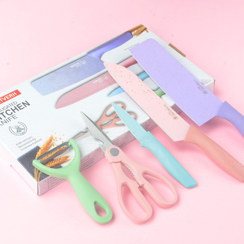 Stainless steel macaron colored wheat straw six-piece set of knives, baby food chef cooking gift set