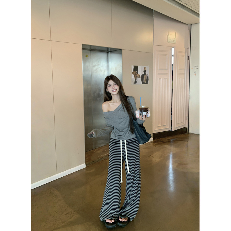 Real Shot, Real Price, Pure Lust Style Gray Off-Shoulder Long-Sleeved T-Shirt Autum Slim Waist Hot Girl Chic Bottoming Top