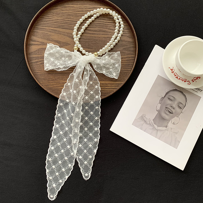 Collar de perlas nuevo estilo bufanda de seda de encaje retro tira larga cinta decorativa versátil de alta gama cinta para el cabello cinturón multifuncional