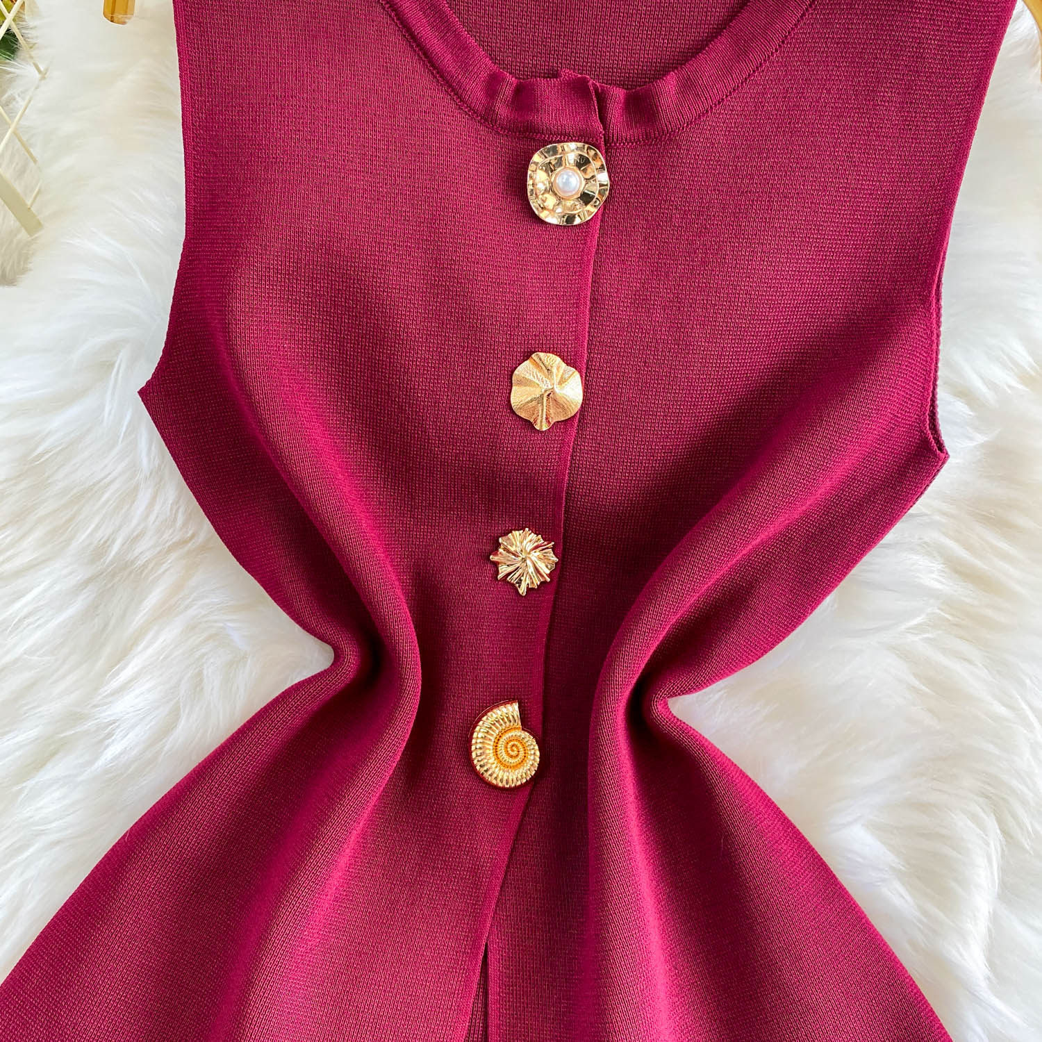 Women's Slim Fit Sleeveless Vest round Neck High End Sophisticated Look Fashionable Metal Buckles Versatile Summer Style_ecoleips.com