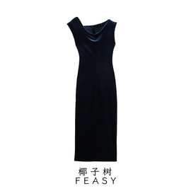 亚马逊跨境外贸欧美女装2024秋冬新款优雅修身天鹅绒迷笛连衣裙