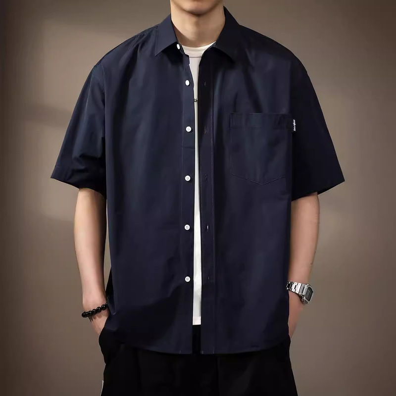 High-End Navy Blue Short-Sleeved Shirt for Men, Summer Trendy American Casual Loose Large Size Top Shirt Jacket