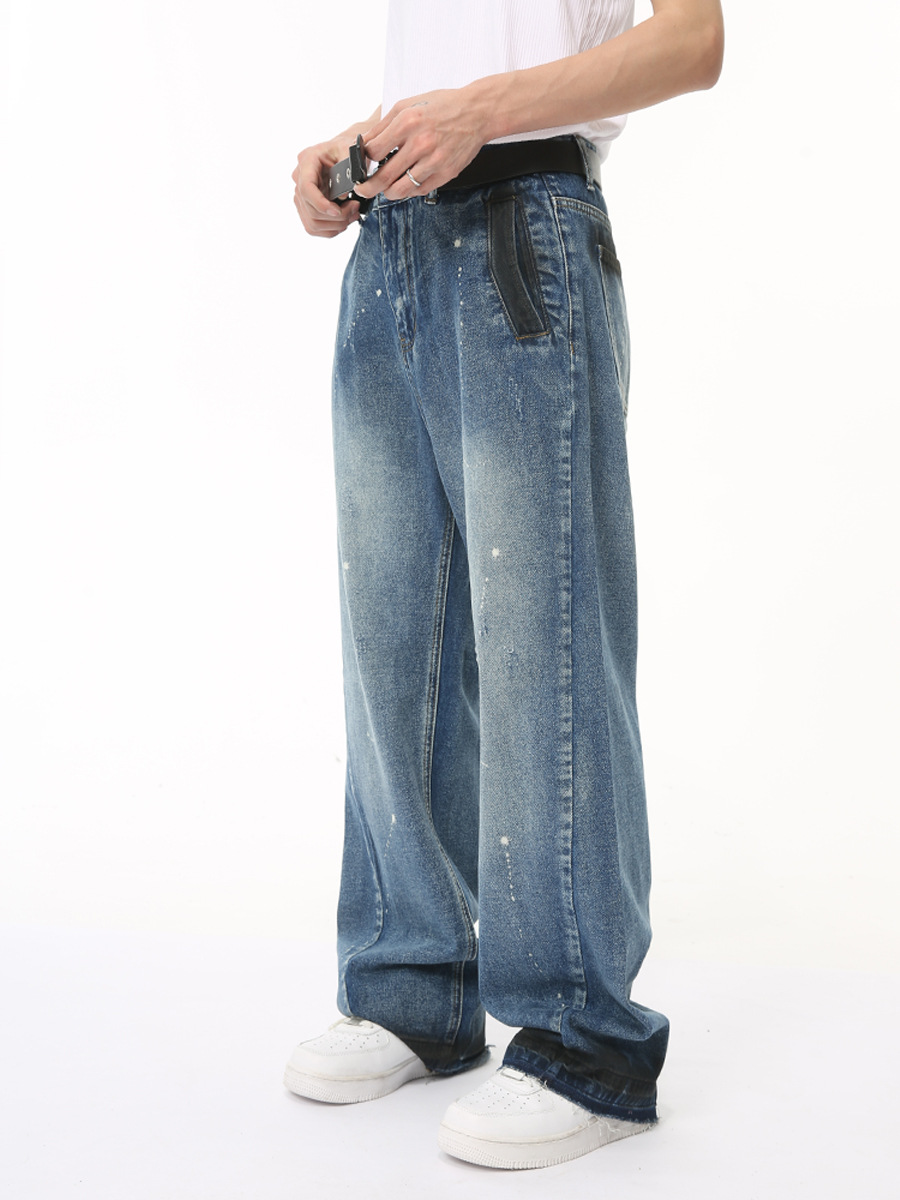 MTLCLOTHES Hombres| 2024 verano nuevo producto coreano retro lavado nicho azul diseño de jeans graffiti