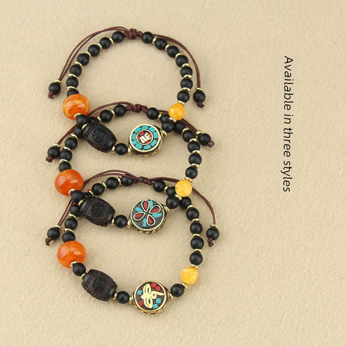 Ethnic Style Black Ebony Bead Bracelet Wooden Glass Beaded Necklace Handmade for Women, Retro and Artistic Couple Accessories 