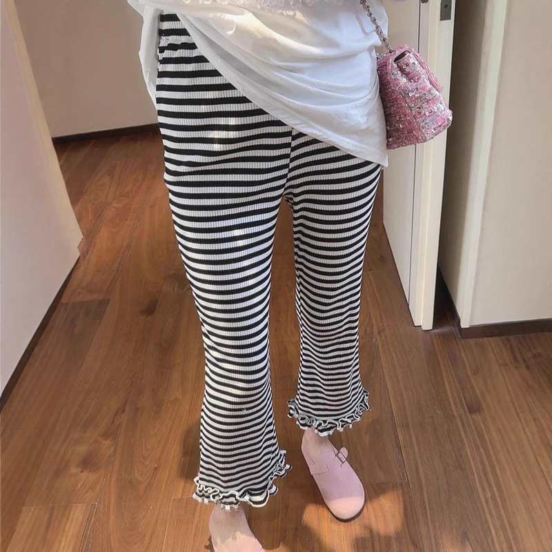 Spring and Autumn Maternity Ruffled Black and White Striped Drawstring Waist Casual Pants Maternity High-Elastic Ribbed Cropped Flared Pants Spring