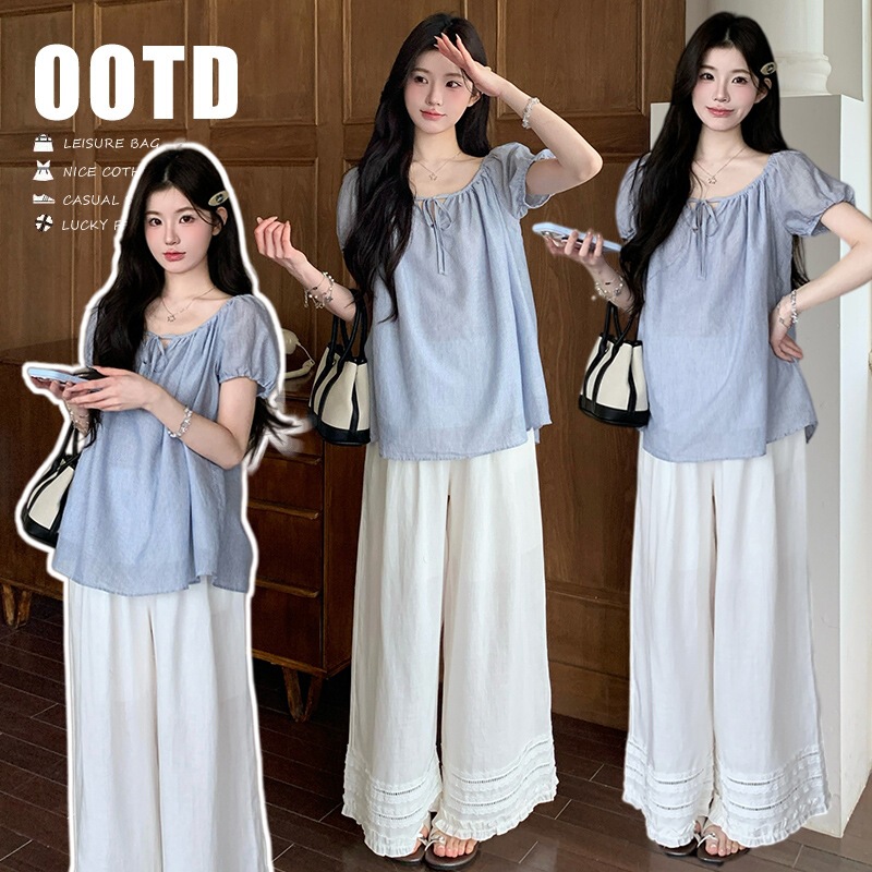 Maternity Suit 2026 Summer New Korean Style Elegant Tie-Up Loose Short-Sleeved Top + Wide-Leg Long Pants Two-Piece Set