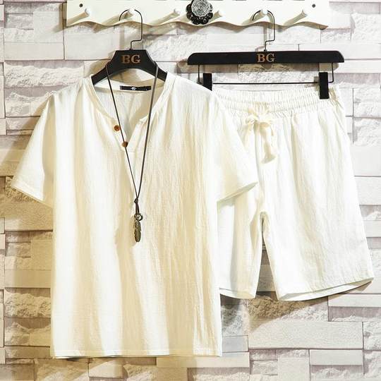 Cotton Linen Short-sleeved Shorts suit Men's Chinese-style Summer Trendy Middle-aged and Elderly Dad Linen Casual Sports Two-piece Set