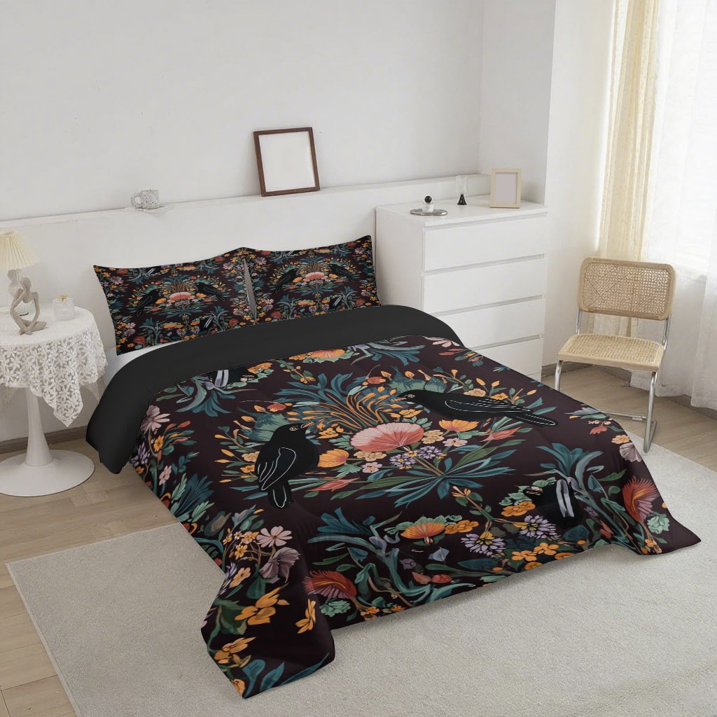 TEMU / JIT transfronterizo colorido patrón y pájaros impresión digital HD 180gms suave colcha colcha almohada set