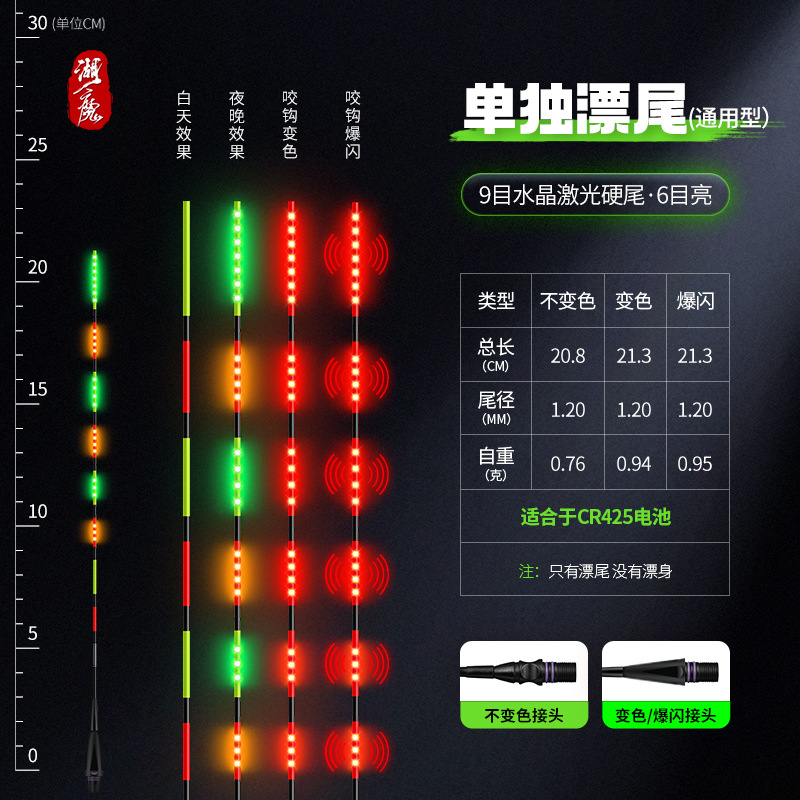 Láser de cola dura LED flotador de cola luminoso día y noche doble gancho de mordida decoloración flotador electrónico de alta sensibilidad pesca nocturna flotador de cola separada