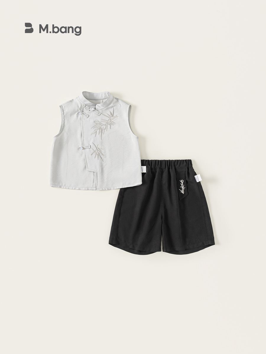 Youbao ropa para niños nuevo traje de estilo chino para niños, top sin mangas con cuello alto de estilo nacional, pantalones cortos bordados de color sólido, traje de dos piezas para niños