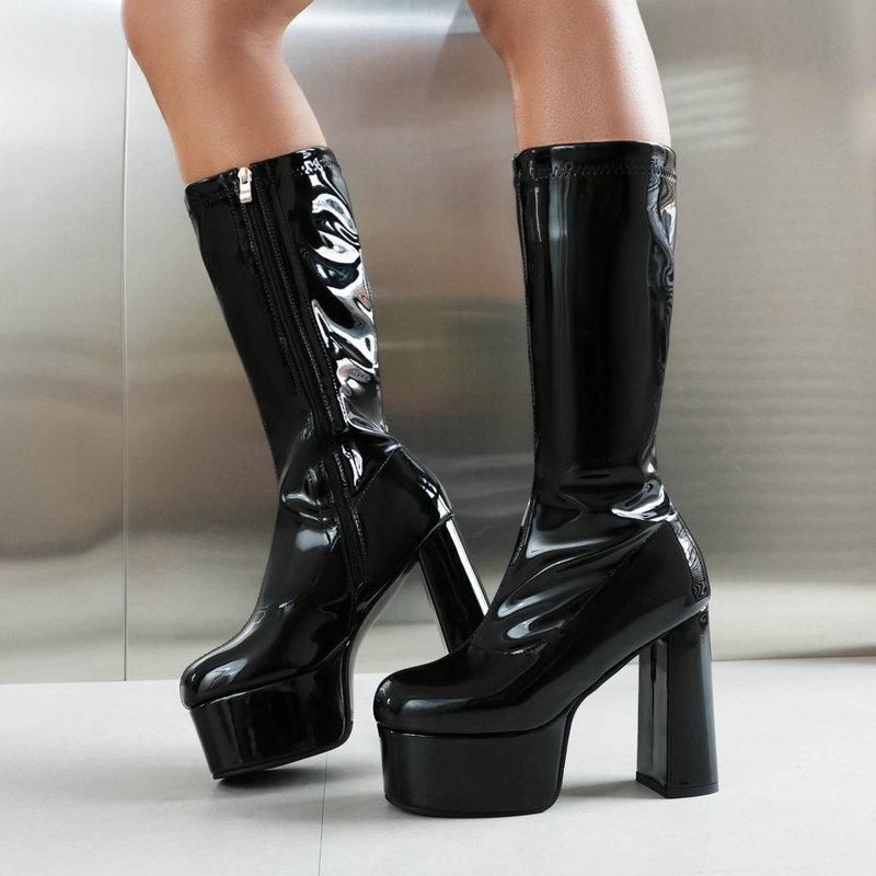 Stretch Thin Boots Women's Autumn and Winter New Style Square Toe Patent Leather Thick Bottom Thick Heel Super High Heel Side Zipper Women's Knee-high Long Boots Stretch Thin Boots Women's Autumn and Winter New Style Square Toe Patent Leather Thick Bottom Thick Heel Super High Heel Side Zipper Women's Knee-high Long Boots