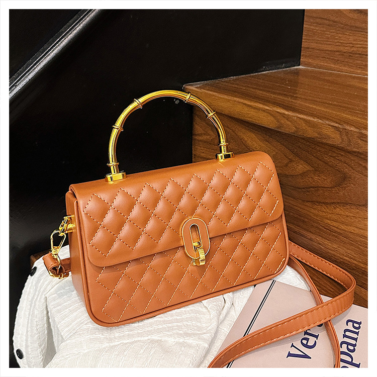 Borsa trapuntata a rombi in stile coreano, borsa a tracolla alla moda di grande capacità con manico in bambù, ideale per gli spostamenti quotidiani._voghion.com