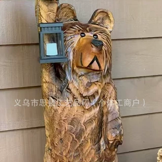 跨境新款仿木雕熊摆件 带 LED 灯光 庭院花园庄园树脂装饰批发